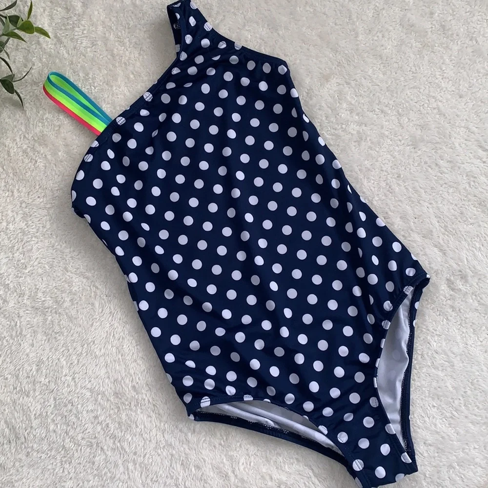 Land’s End Navy Polka Dot Rainbow Shoulder Swimsuit 10 EUC